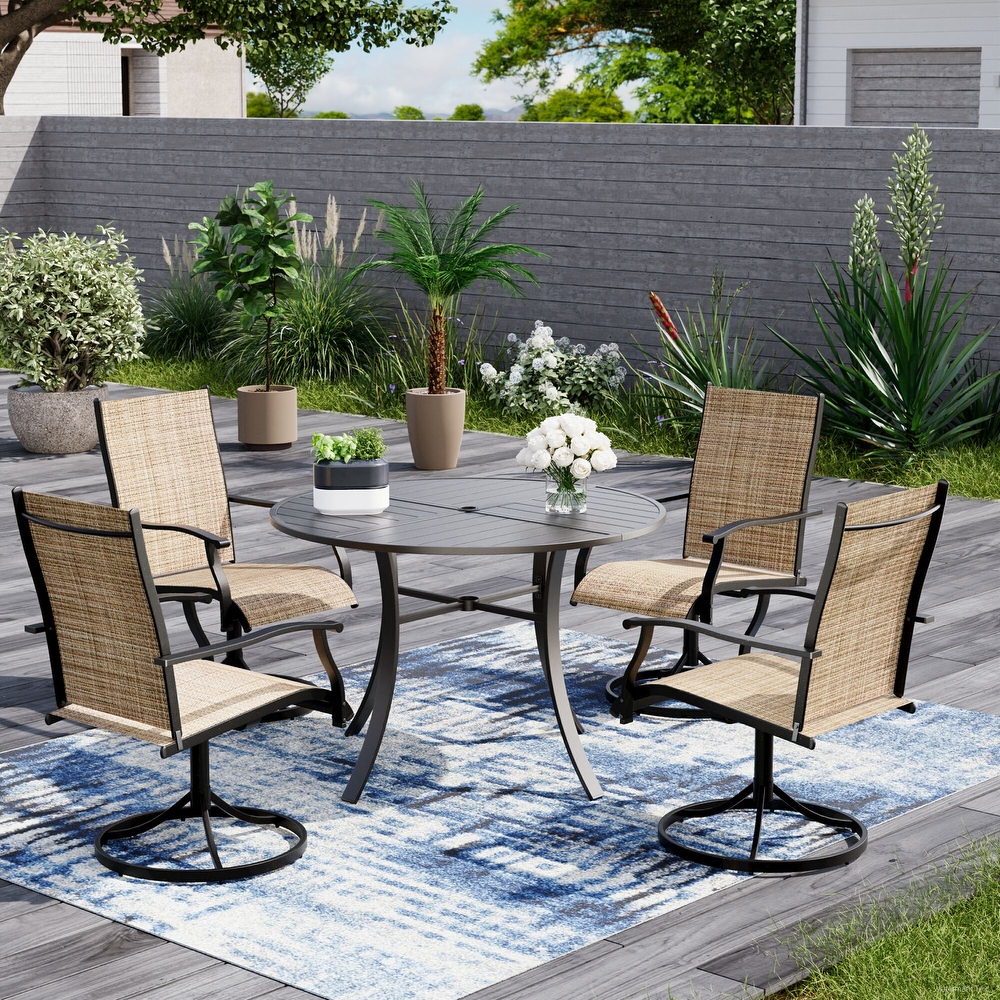 Patio Dining Set w Textilene / Swivel Rocking Chairs, Outdoor Table & Chairs w Adjustable Umbrella Hole, 5/7/9-Piece Garden Set
